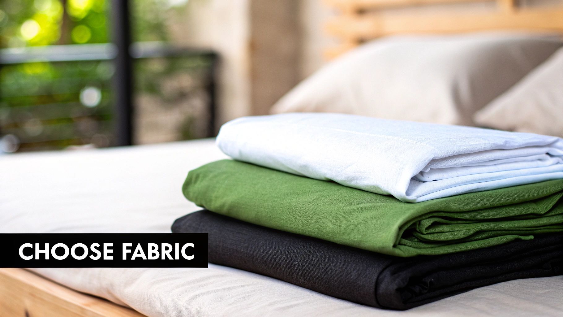 A stack of neatly folded light blue, green, and black fabrics on a bed, ready for selection.