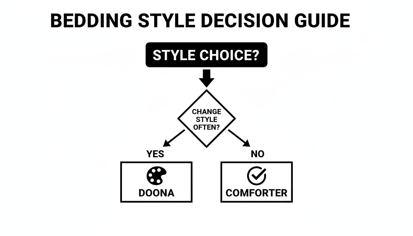 A bedding style decision guide flowchart helping choose between Doona and Comforter based on style change frequency.