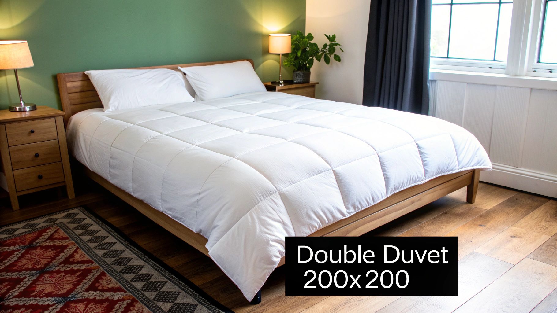 A bedroom with a wooden bed, white duvet, and pillows, flanked by wooden nightstands and lamps.