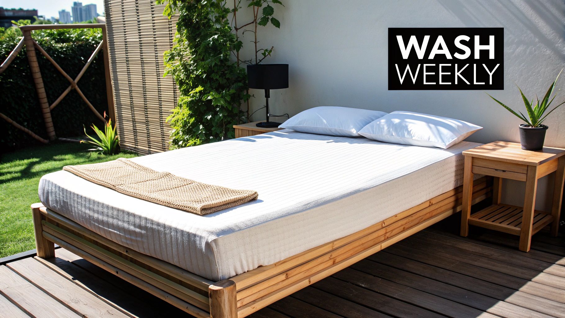 An outdoor bed with white sheets and pillows, a brown throw, on a wooden deck with a 'WASH WEEKLY' sign.