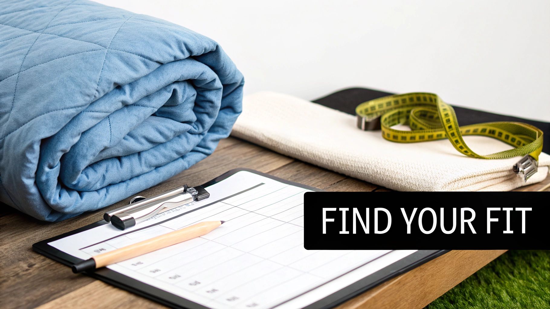Measuring tape with clipboard and folded blue blanket on wooden table for sizing guide