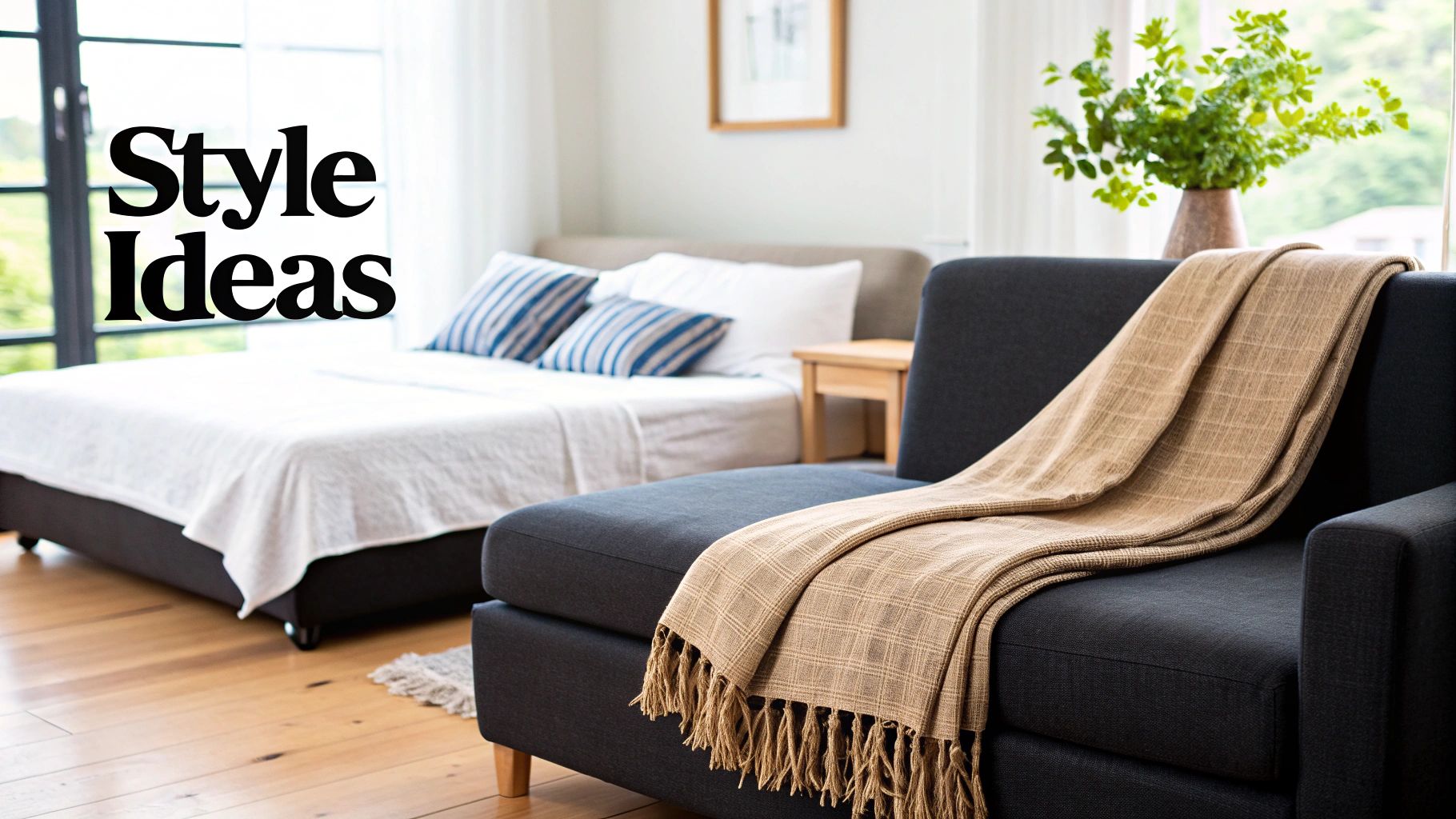 A cream coloured throw blanket styled on a sofa