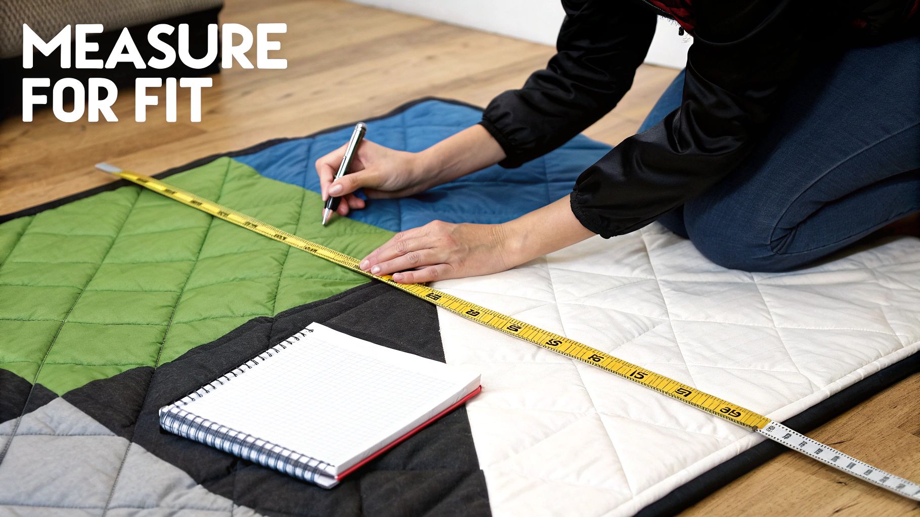 A person on their knees measuring a colorful quilted blanket with a tape measure and a pen, next to a notepad.
