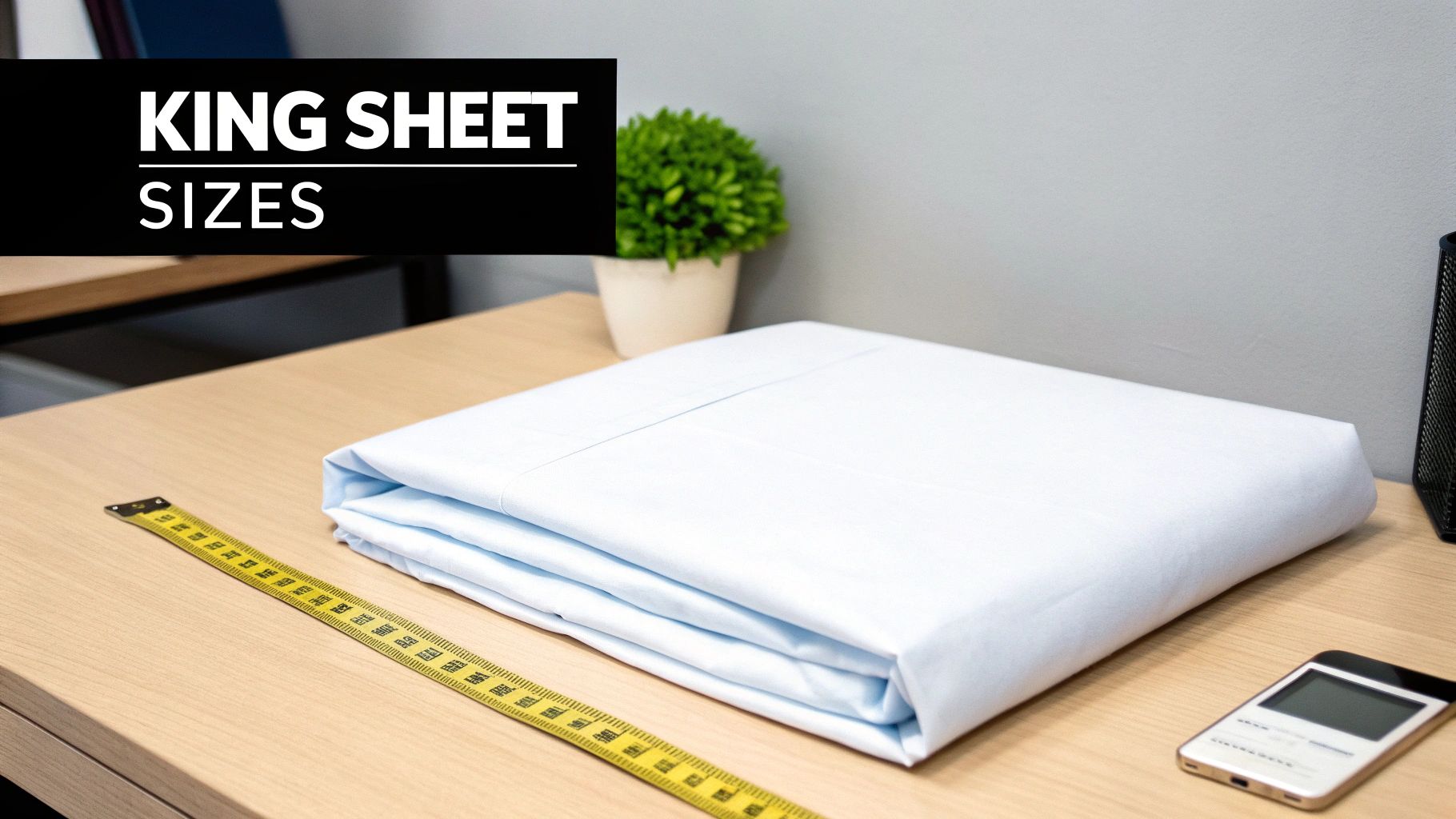 A neatly folded white king-size flat sheet on a wooden table, next to a yellow measuring tape.