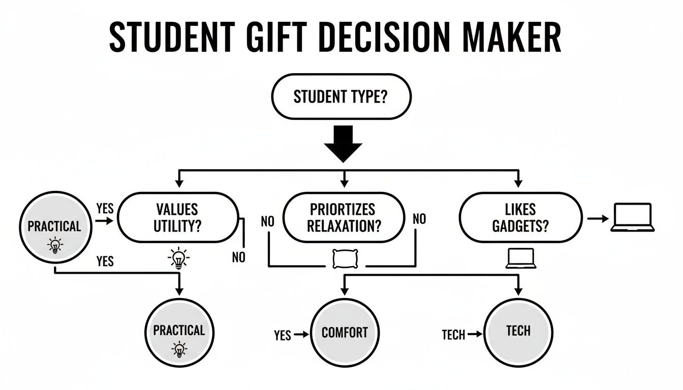 A flowchart guiding gift decisions for students based on their type, utility, relaxation, and tech preferences.