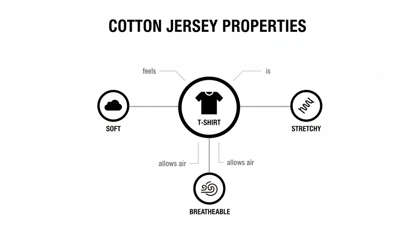 A diagram illustrating the key properties of cotton jersey fabric for T-shirts: soft, stretchy, and breathable.