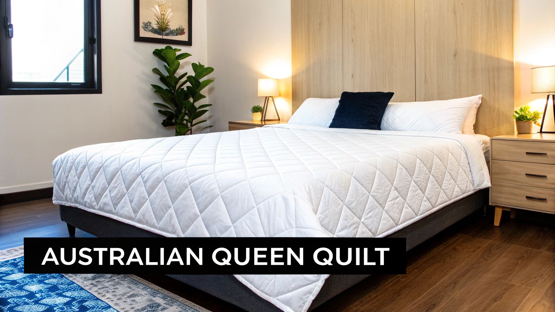 A neatly made bed with a white quilt and colourful pillows, showcasing good quilt drape.