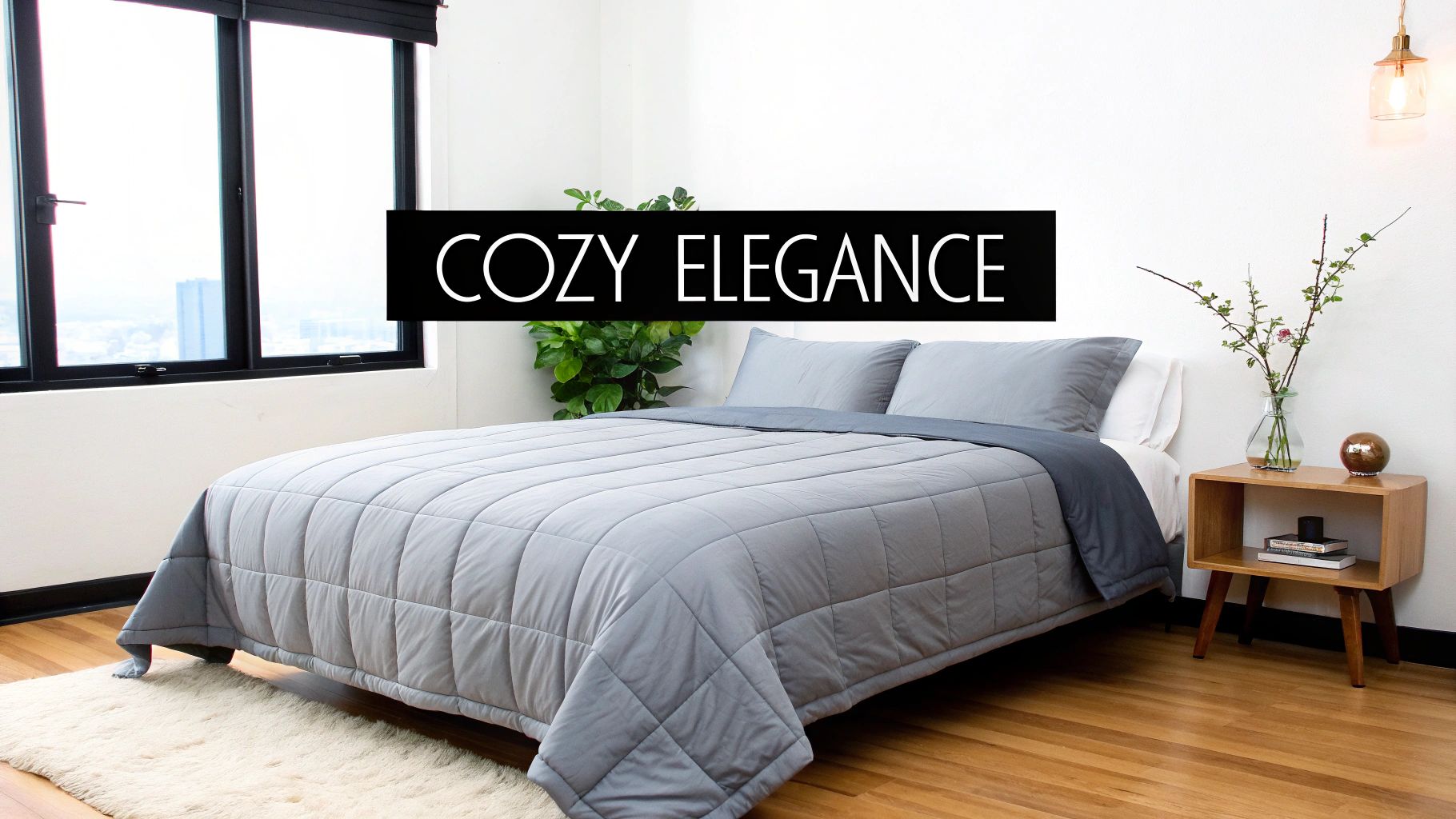 A stylish and calm bedroom featuring a grey bedspread, layered with pillows and a throw.