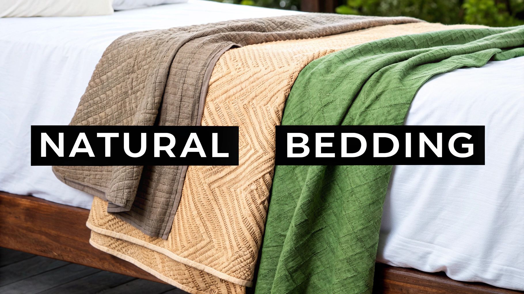 A close-up shot of neatly folded, soft, natural-coloured cotton and linen bed sheets on a wooden surface.