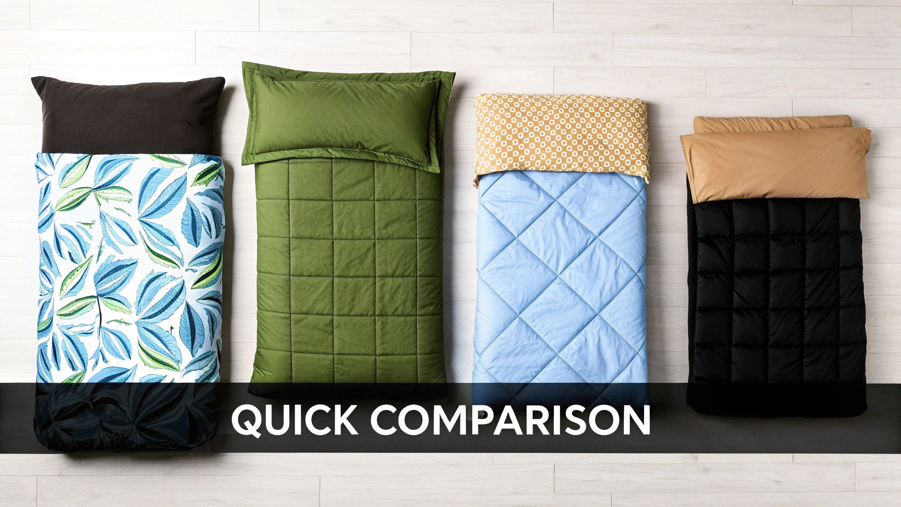 Overhead view of four colorful sleeping bags or bedrolls laid out for a quick comparison.