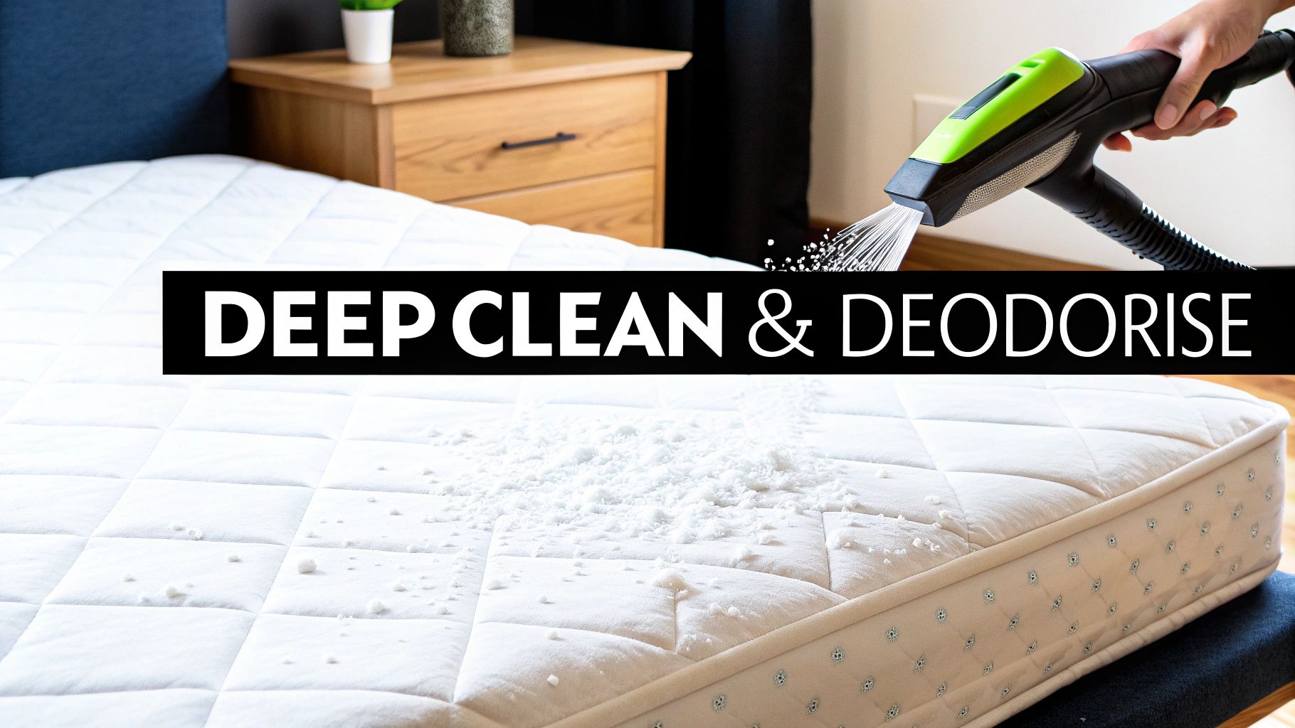 Professional vacuum cleaner deep cleaning and deodorizing white quilted mattress topper on bed