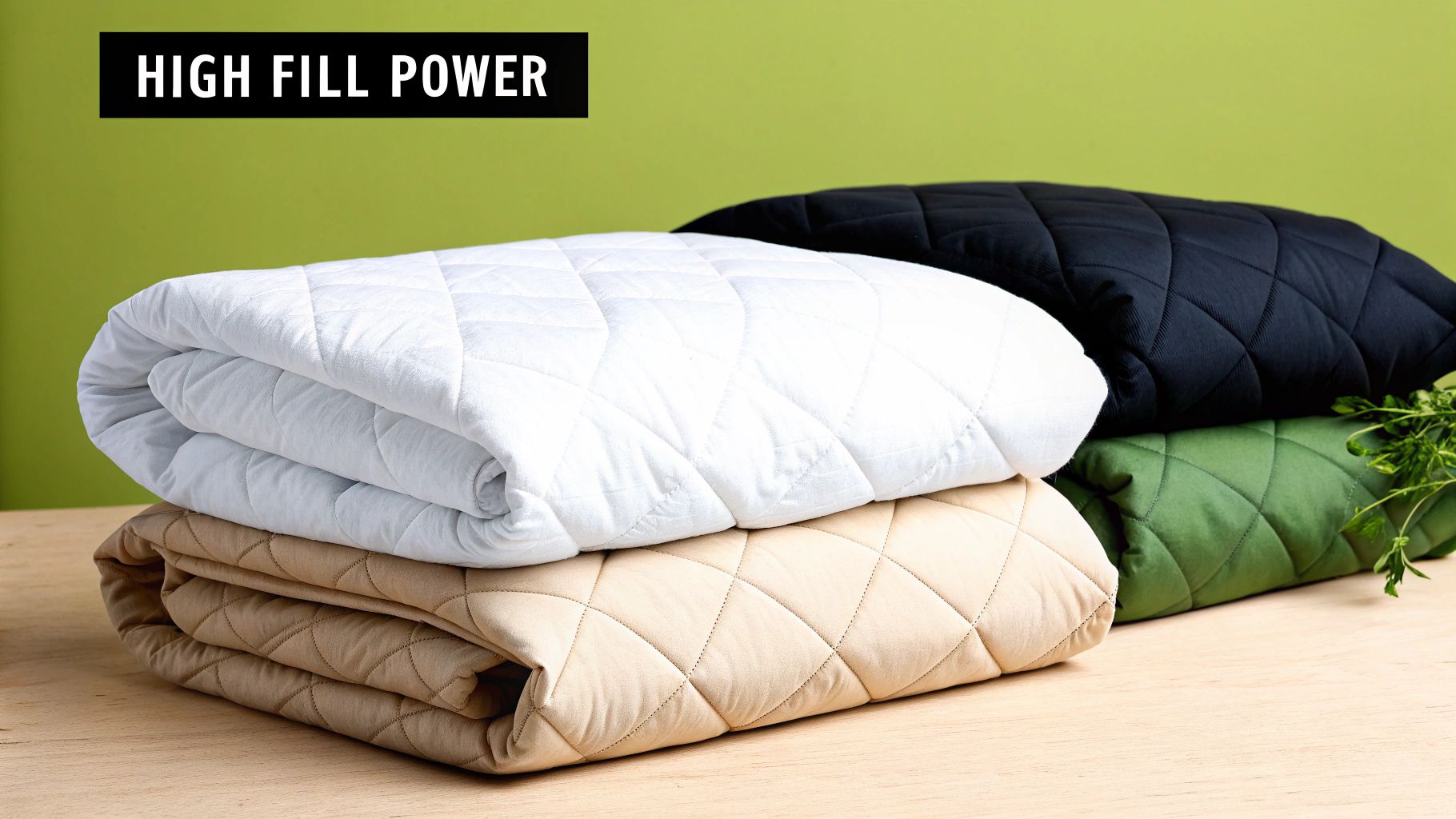 A stack of four quilted blankets in white, beige, black, and green, labeled high fill power.