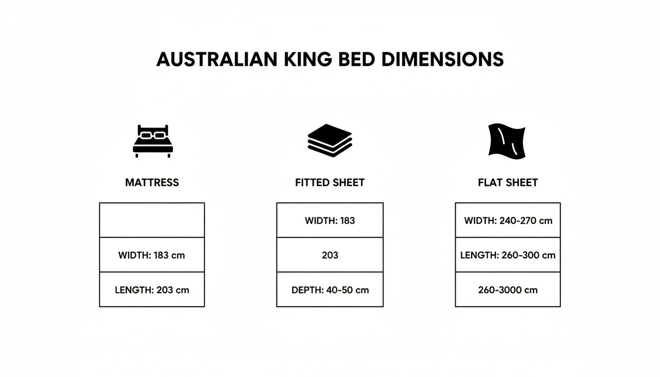 Australian King bed dimensions for mattress, fitted sheet, and flat sheet in centimeters.