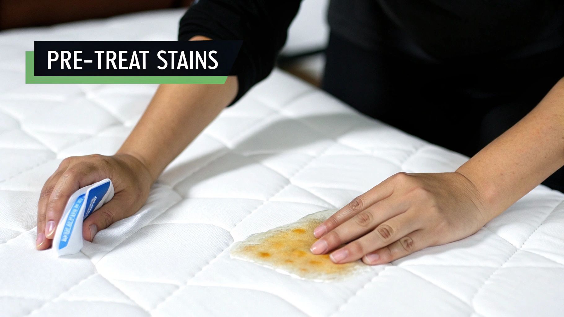 A person inspecting the care label on a white mattress cover before washing