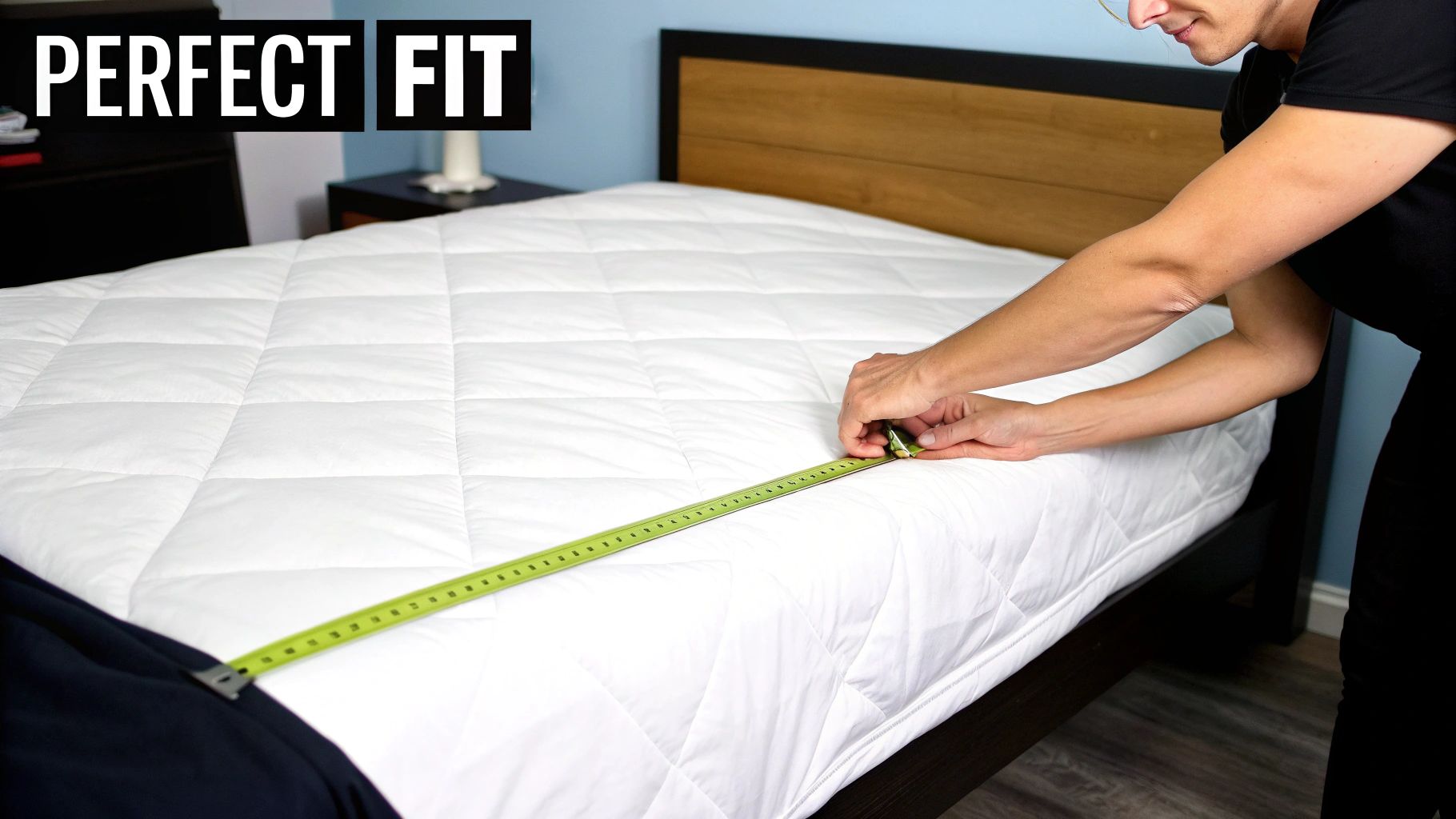 A person measures a white quilted mattress pad on a bed with a green tape measure.