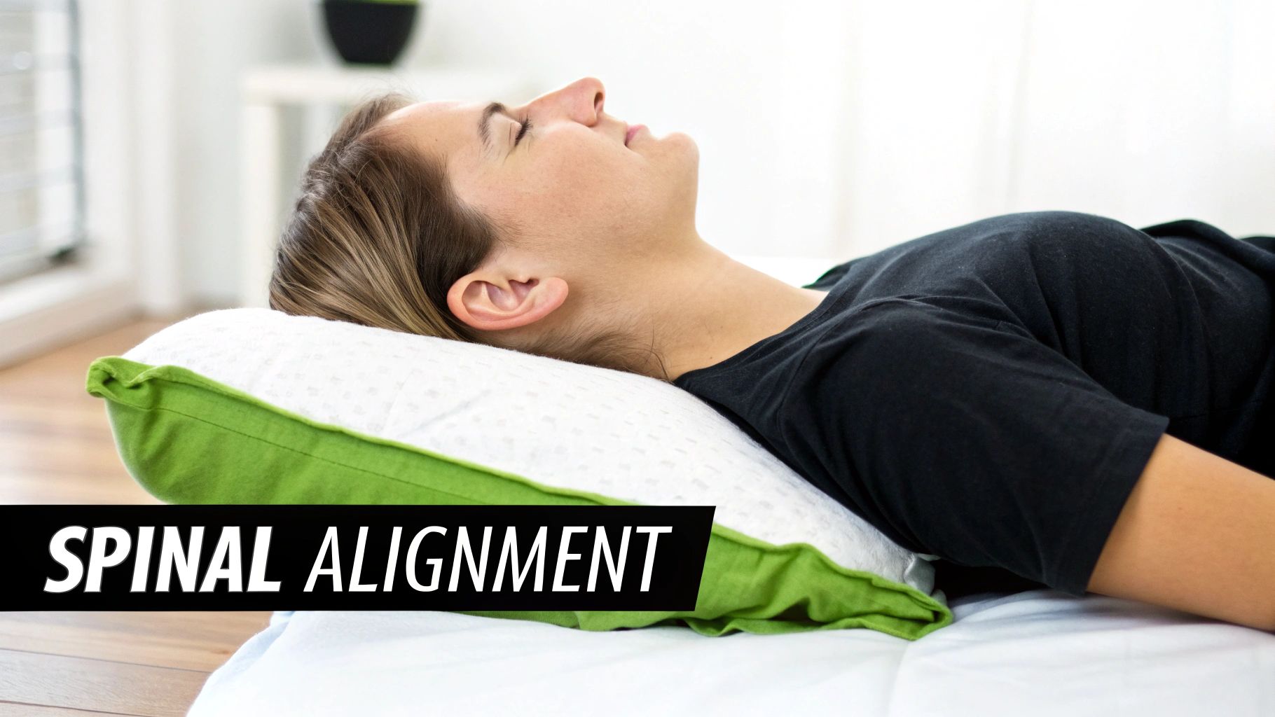 A woman lies on her back with a pillow, demonstrating optimal spinal alignment for restful sleep.