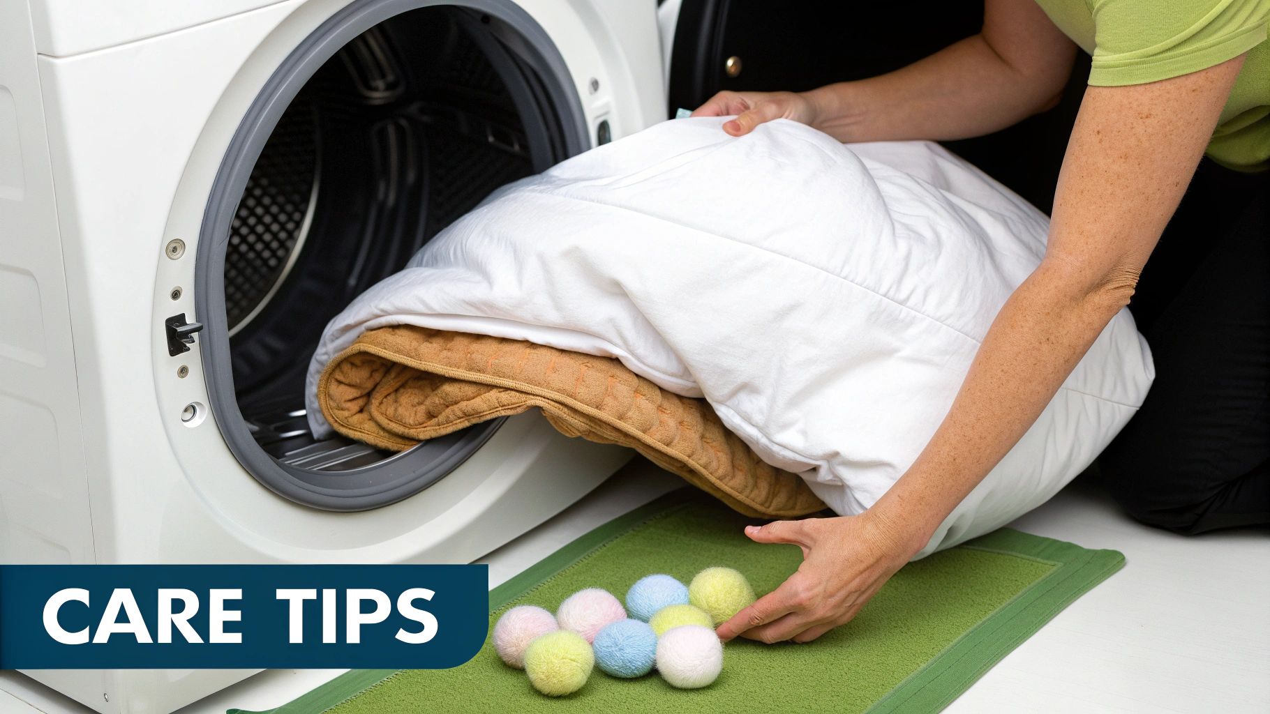 Person fluffing a clean, white comforter on a bed.