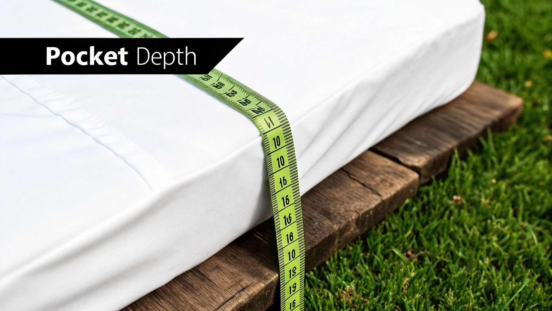 Green tape measure demonstrating the pocket depth of a white fitted sheet on a mattress outdoors.