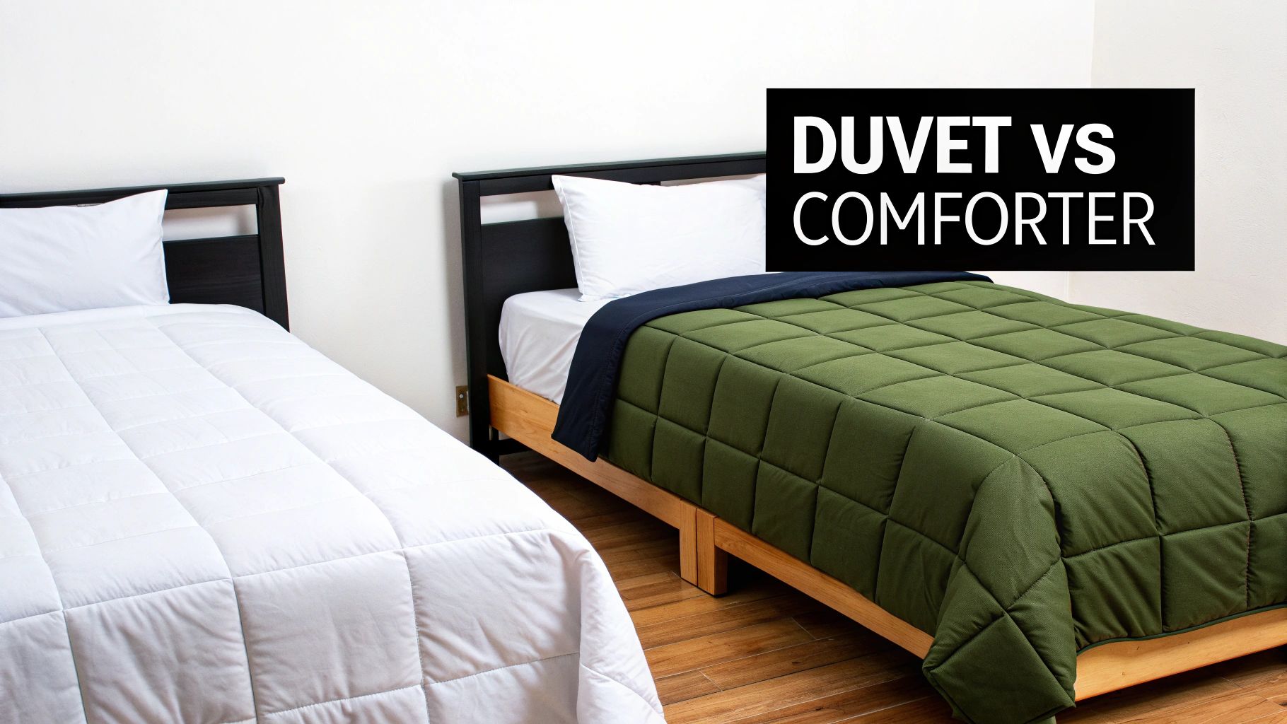 Two beds with a white duvet and a green comforter, illustrating duvet vs comforter.