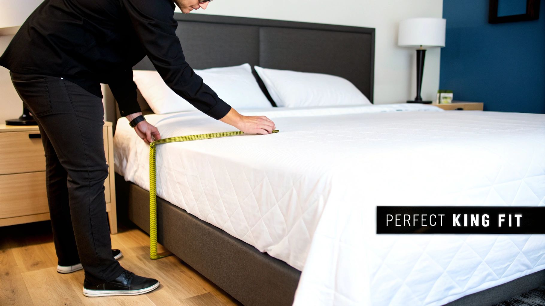 Man measures a white quilted king-size mattress pad on a bed with a tape measure, ensuring a perfect fit.