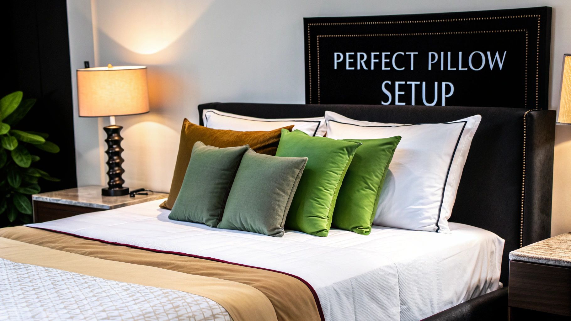 A stylishly arranged bed with multiple pillows in different sizes and textures.