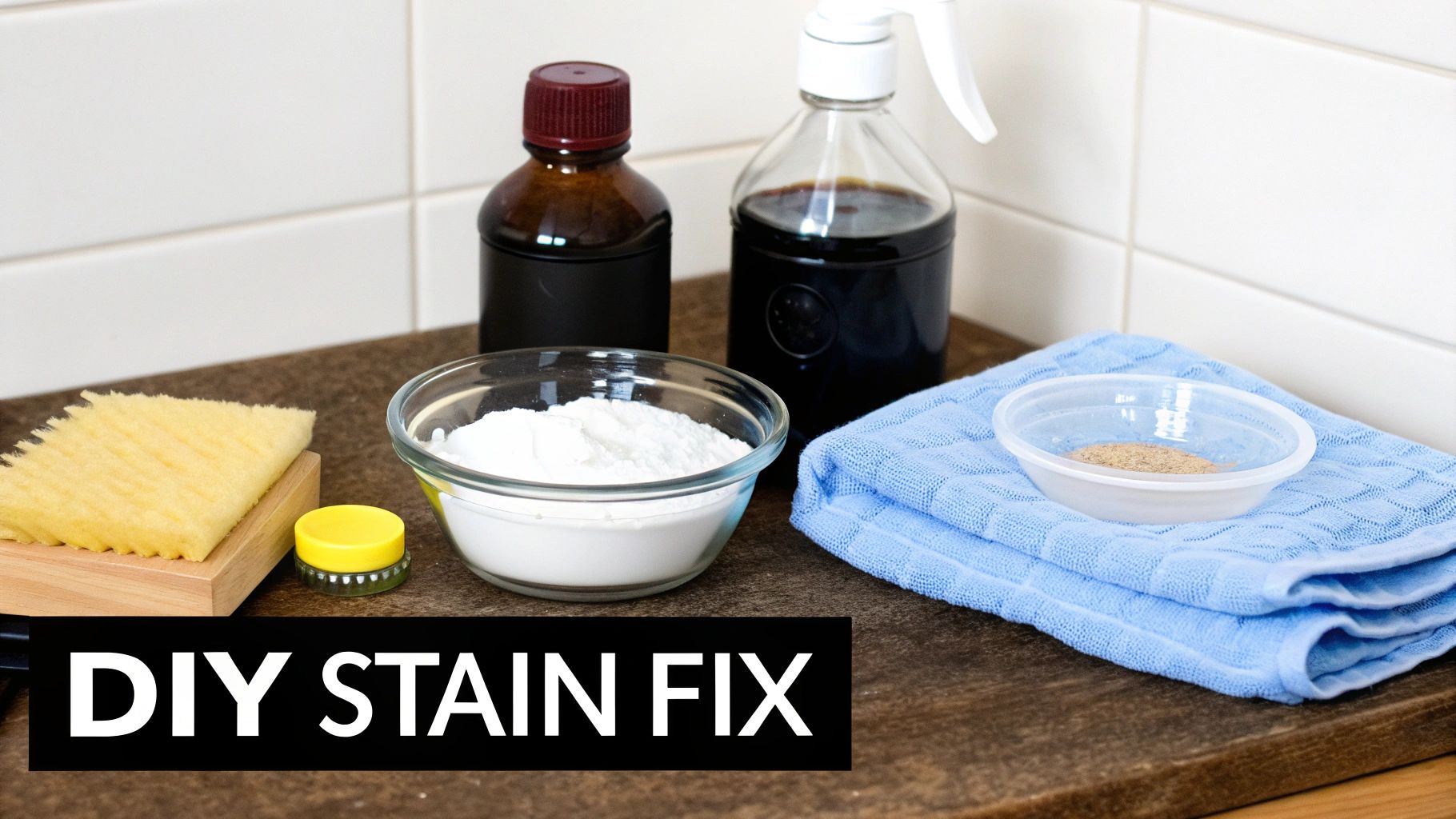 A DIY stain removal kit laid out on a wooden surface, including cleaning solutions, powders, a scrub brush, and a blue towel.