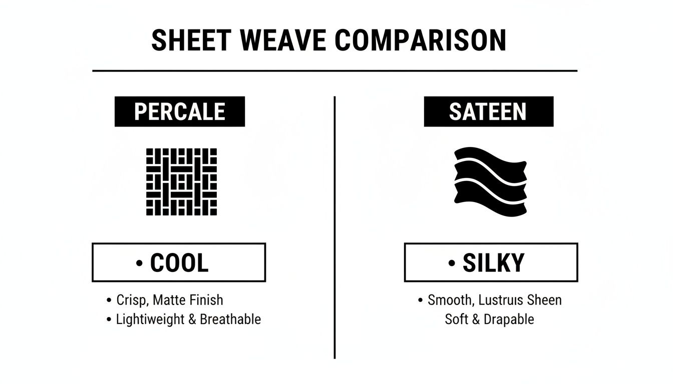 A comparison chart showing percale and sateen sheet weaves, highlighting their texture and characteristics.