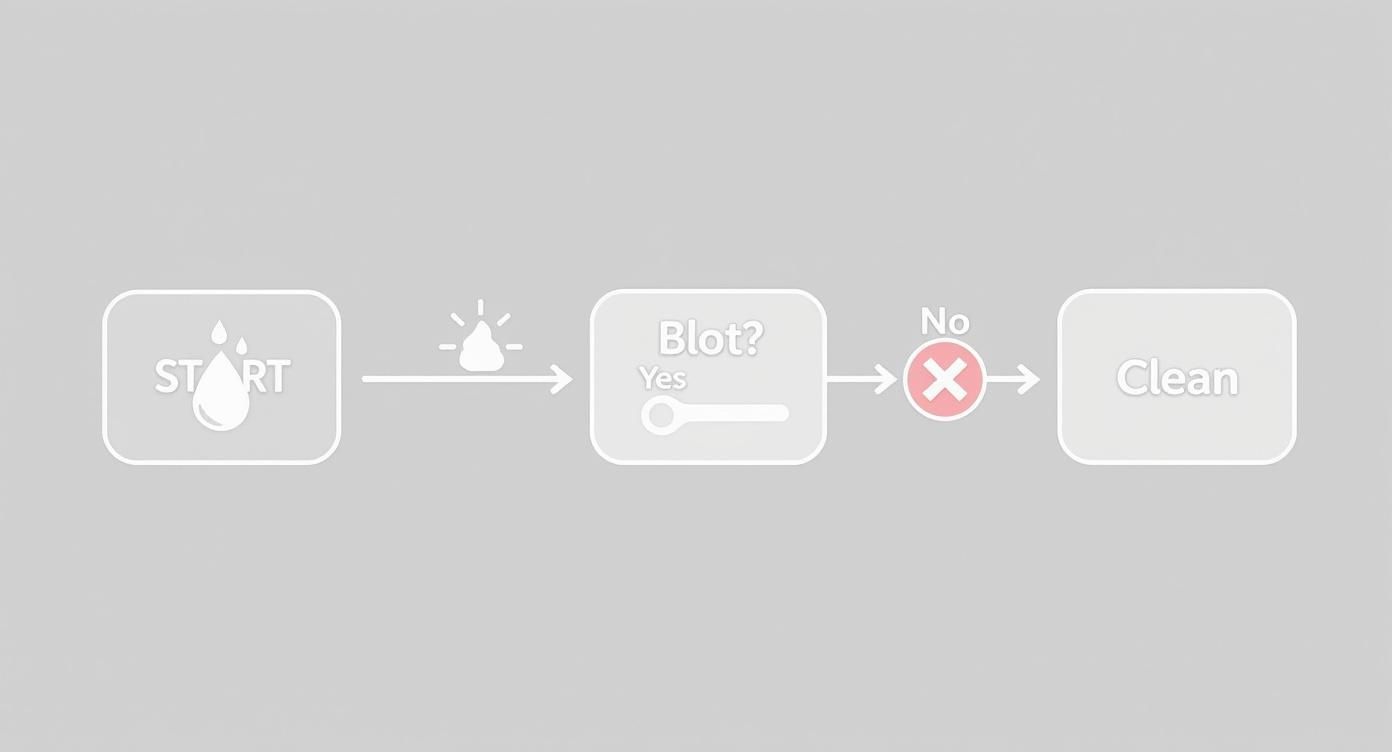 A simple flowchart illustrating a cleaning process: Start, then 'Blot? Yes/No' decision, leading to 'Clean' if no blot.