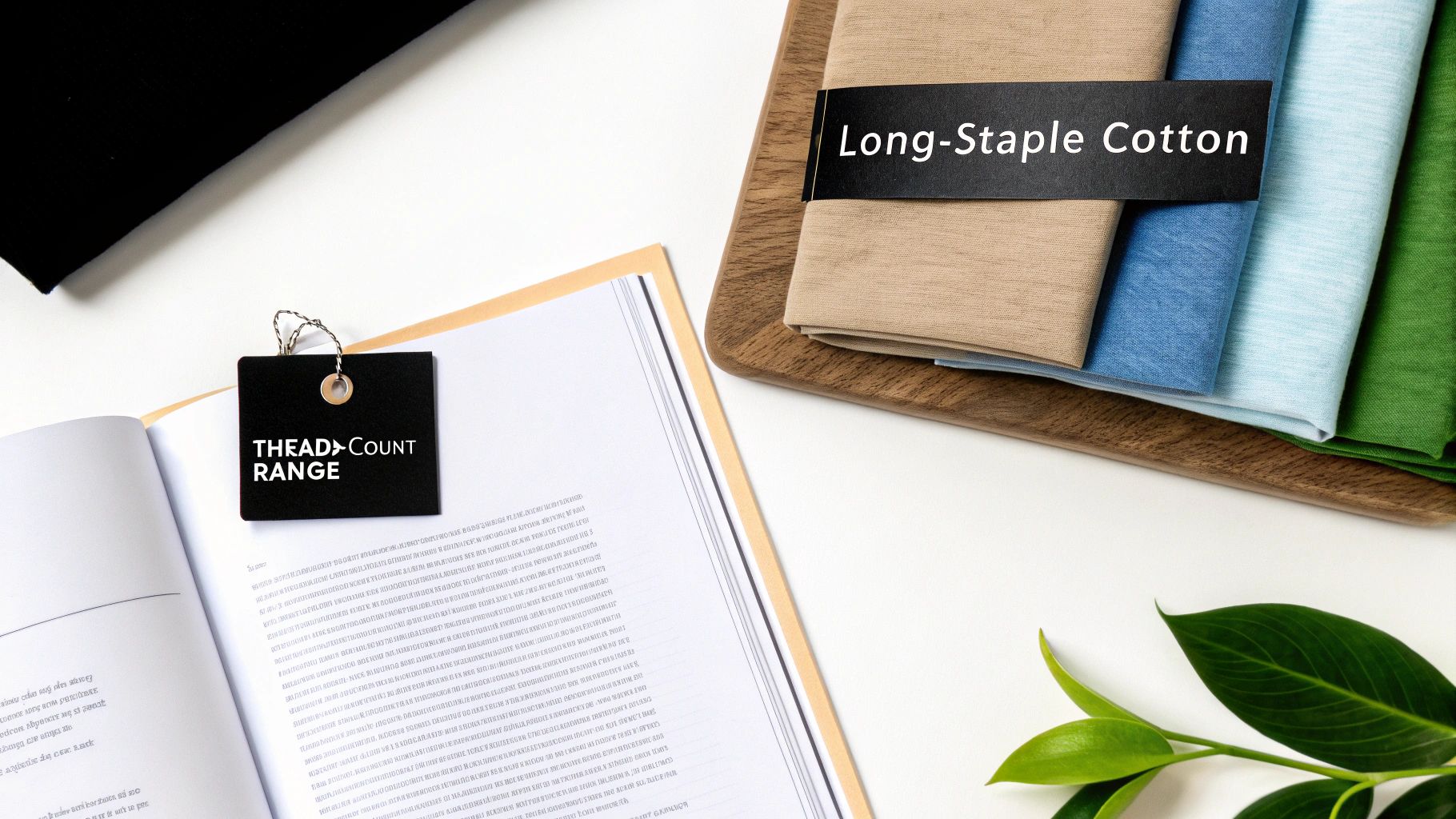 Flat lay of colorful Long-Staple Cotton fabrics on a wooden board with an open book and green leaves.