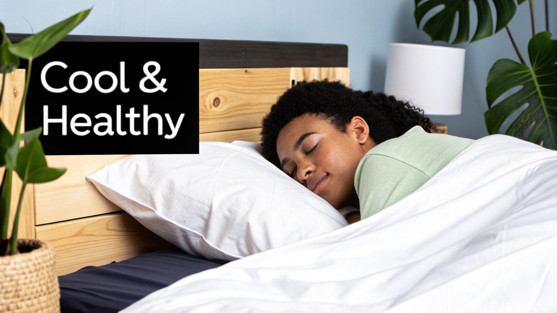 A person with dark curly hair sleeps peacefully in bed under white covers, with a 'Cool & Healthy' sign.