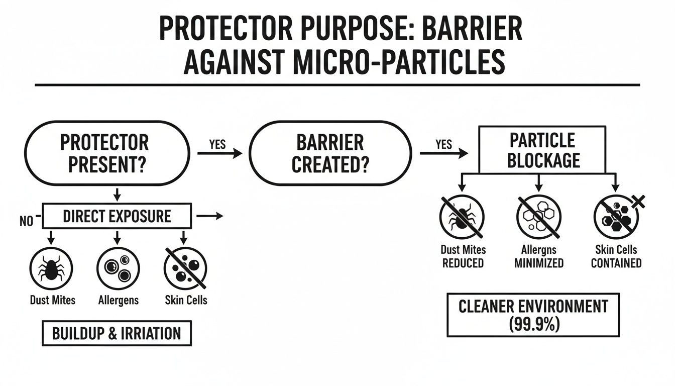 Flowchart explaining a protector's barrier function against micro-particles, leading to a cleaner environment by reducing dust mites and allergens.
