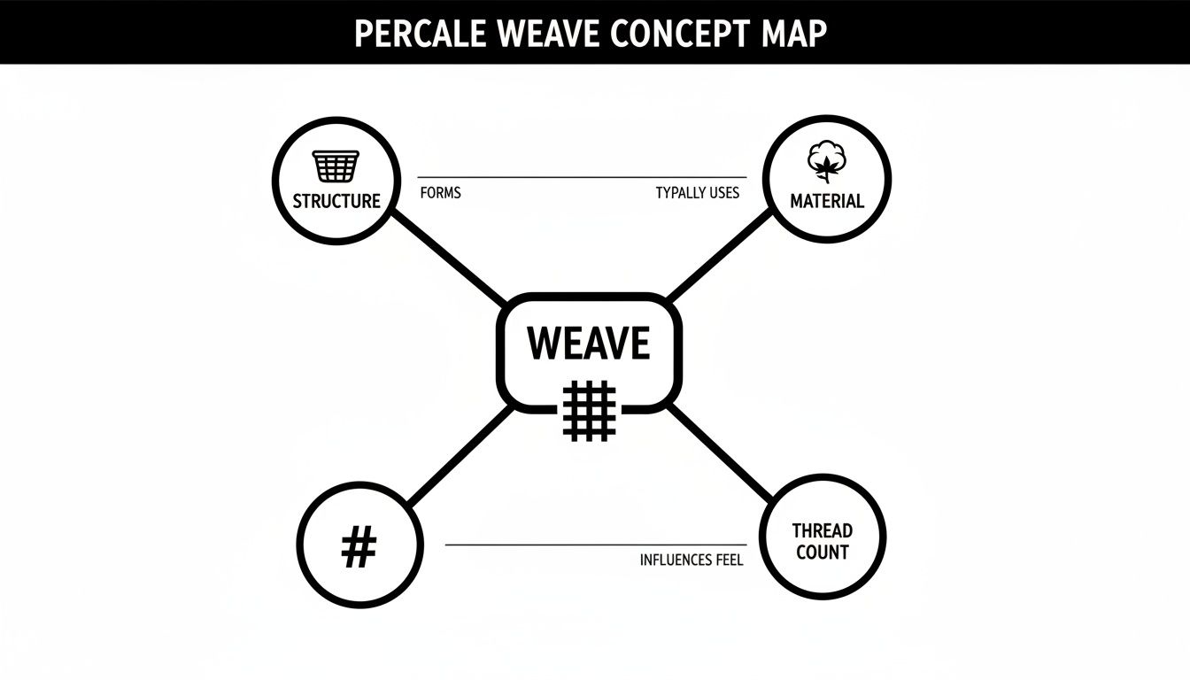 A concept map for percale weave, showing its connections to structure, material, and thread count.