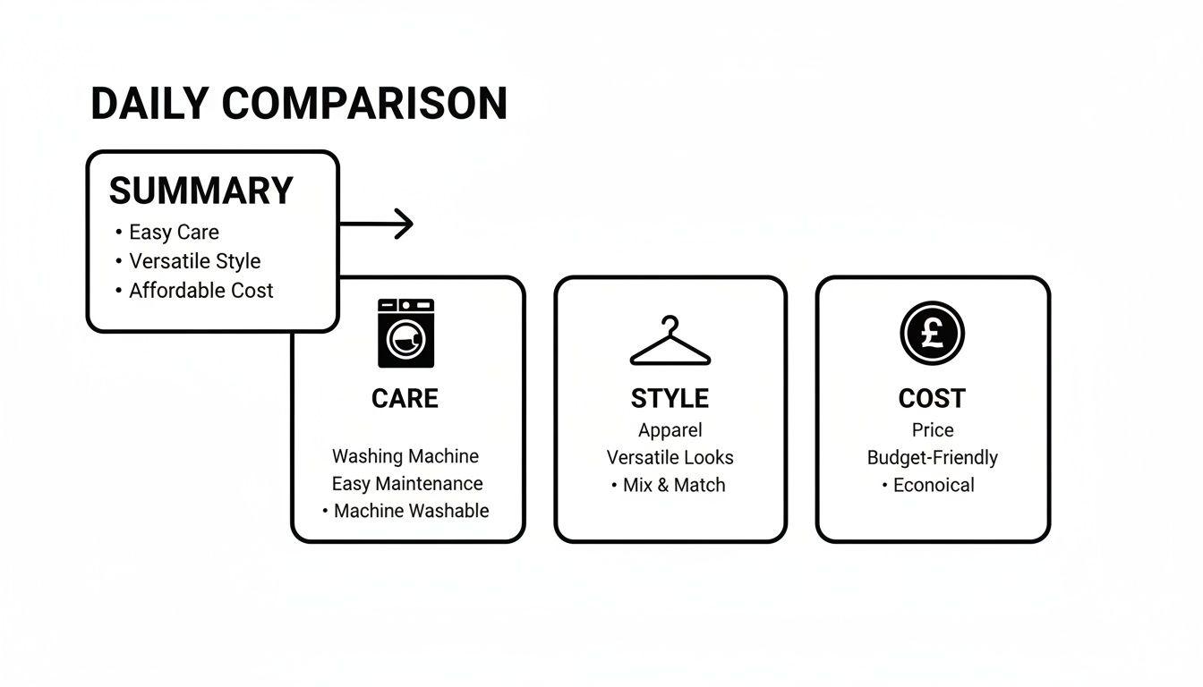 A daily comparison chart highlighting product features for summary, care, style, and cost.