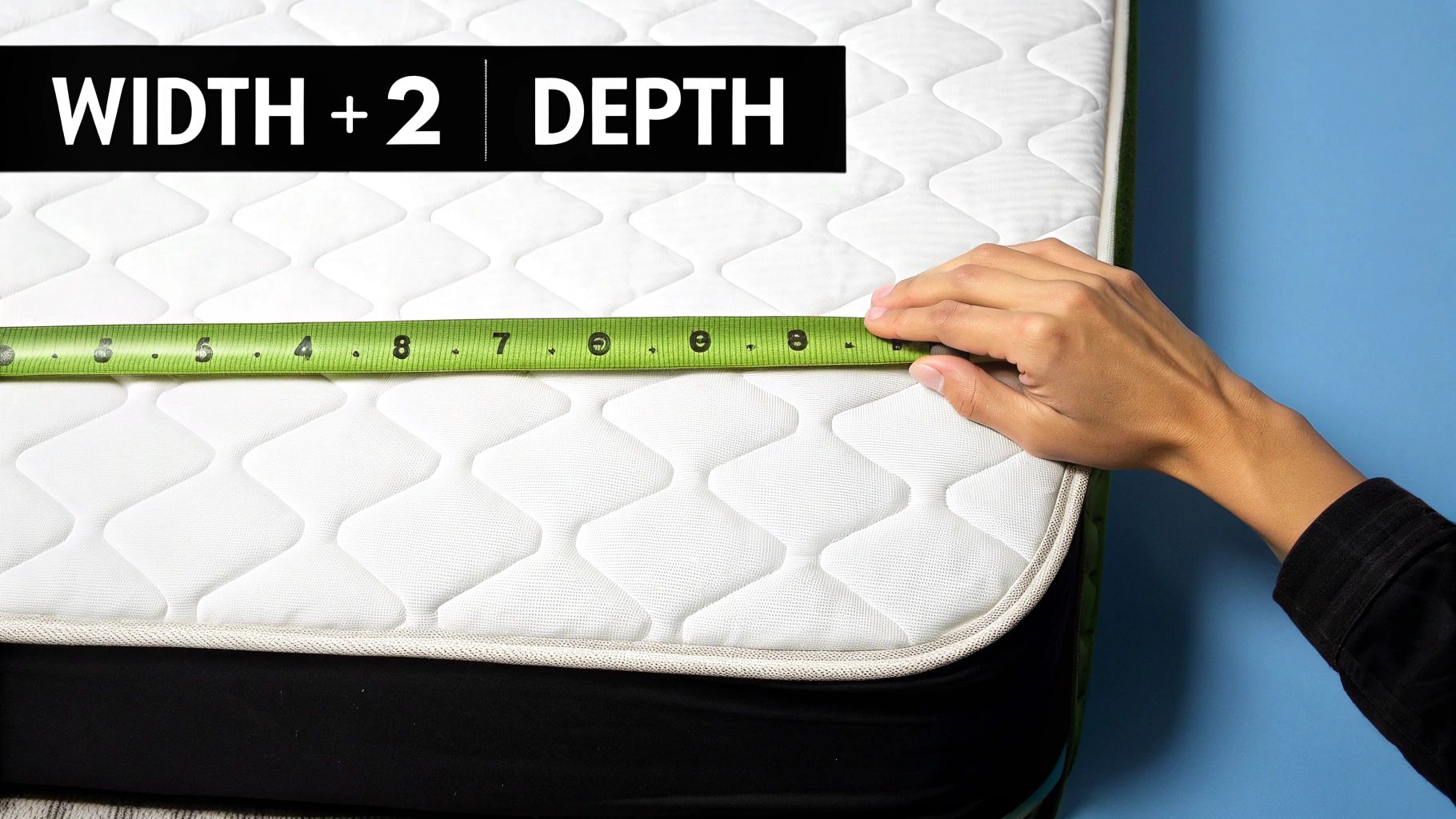 A person uses a green measuring tape to measure the width of a white quilted mattress.