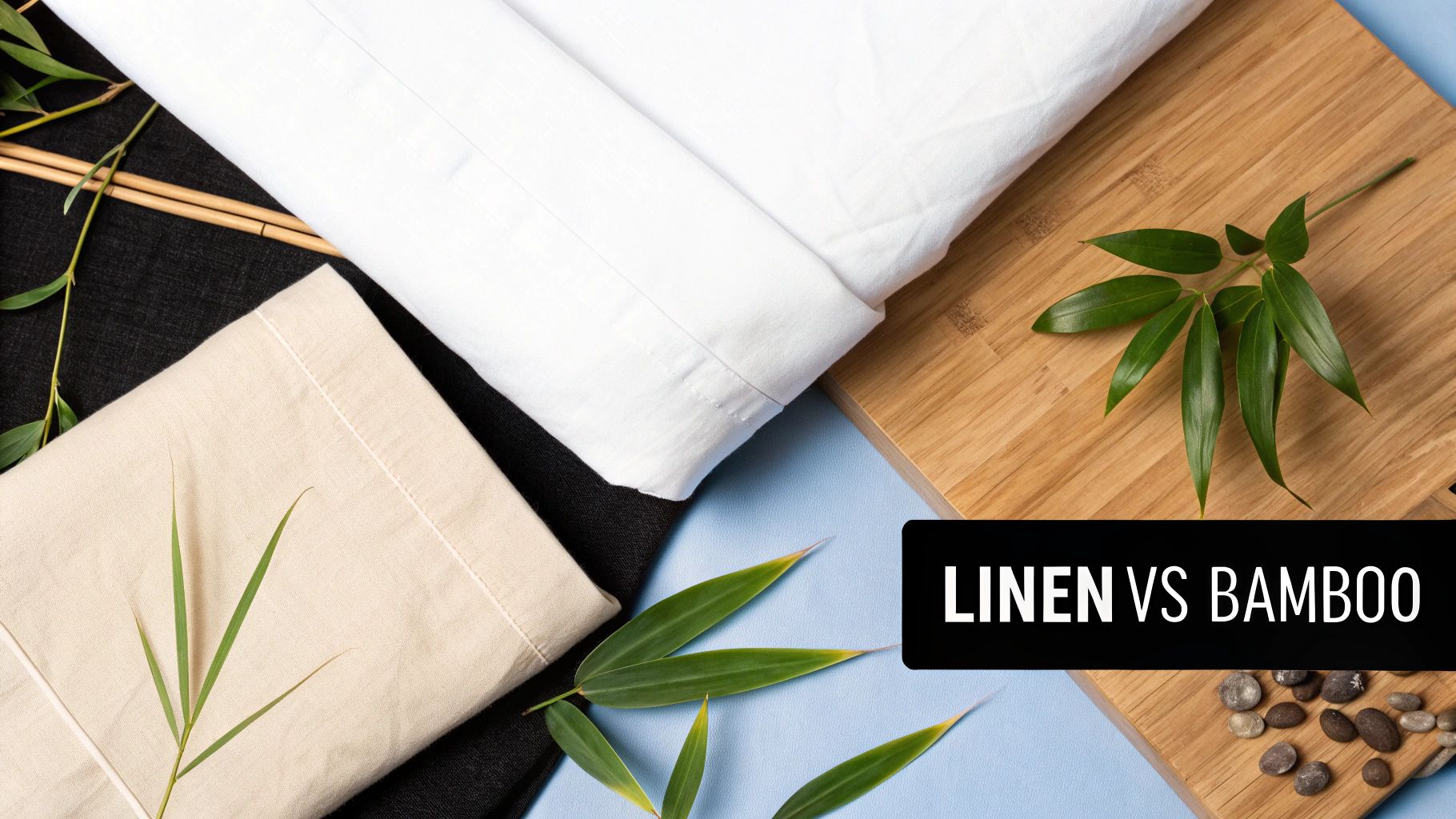 An overhead shot showing white linen fabric, beige bamboo fabric, bamboo leaves, and a wooden board.