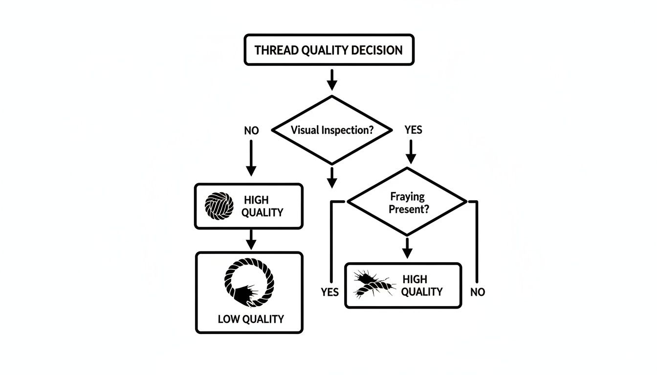 Flowchart outlines thread quality decisions, covering visual inspection, fraying checks, and designating high or low quality.
