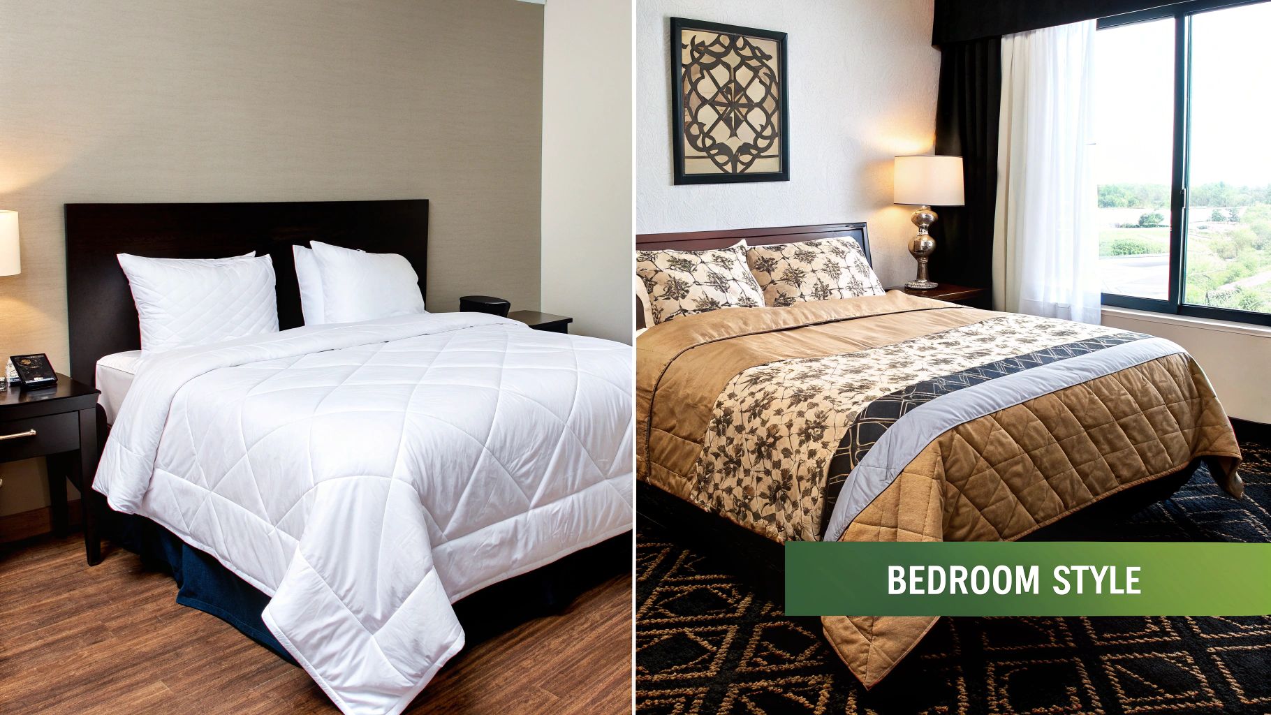 Two hotel bedrooms showcasing different bedding styles, one with a white comforter and another with a patterned quilt.