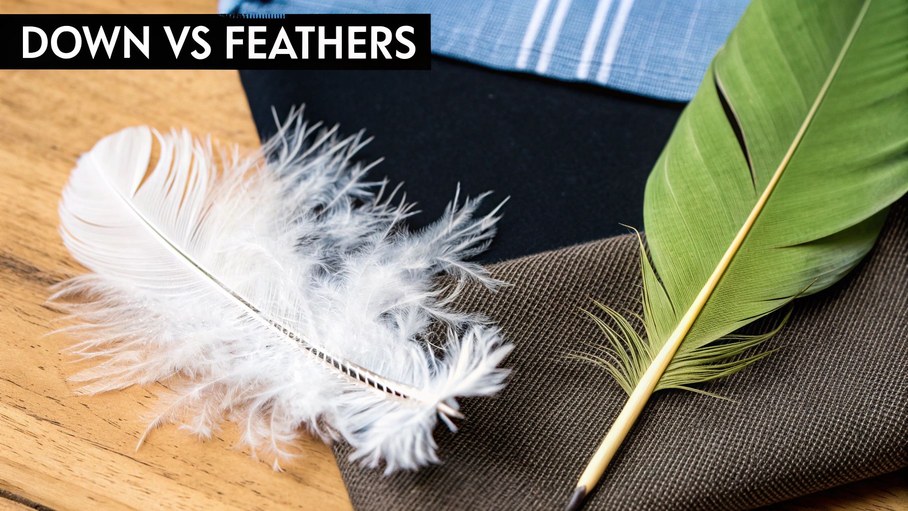 Close-up of a fluffy white down cluster next to a distinct green feather, illustrating down vs feathers.
