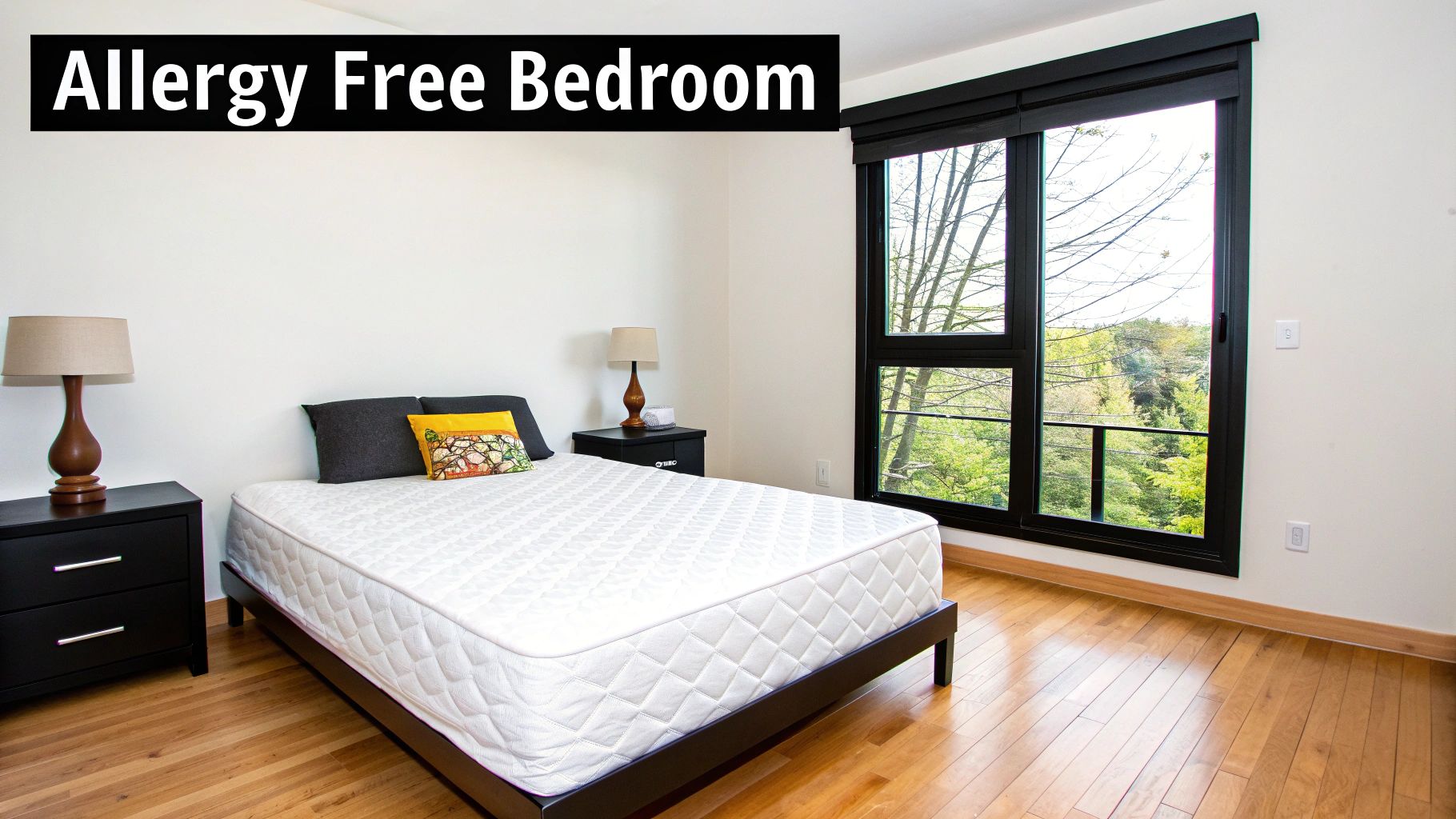 A bright, clean bedroom with a white mattress, two nightstands, and a large window overlooking trees, suggesting an allergy-free environment.