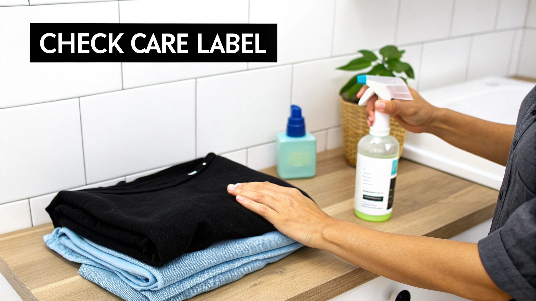 A person checking the care label on a white doona before washing