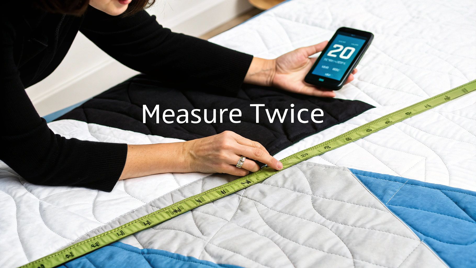 A person measures a multicolored quilted fabric with a green tape measure while holding a smartphone.