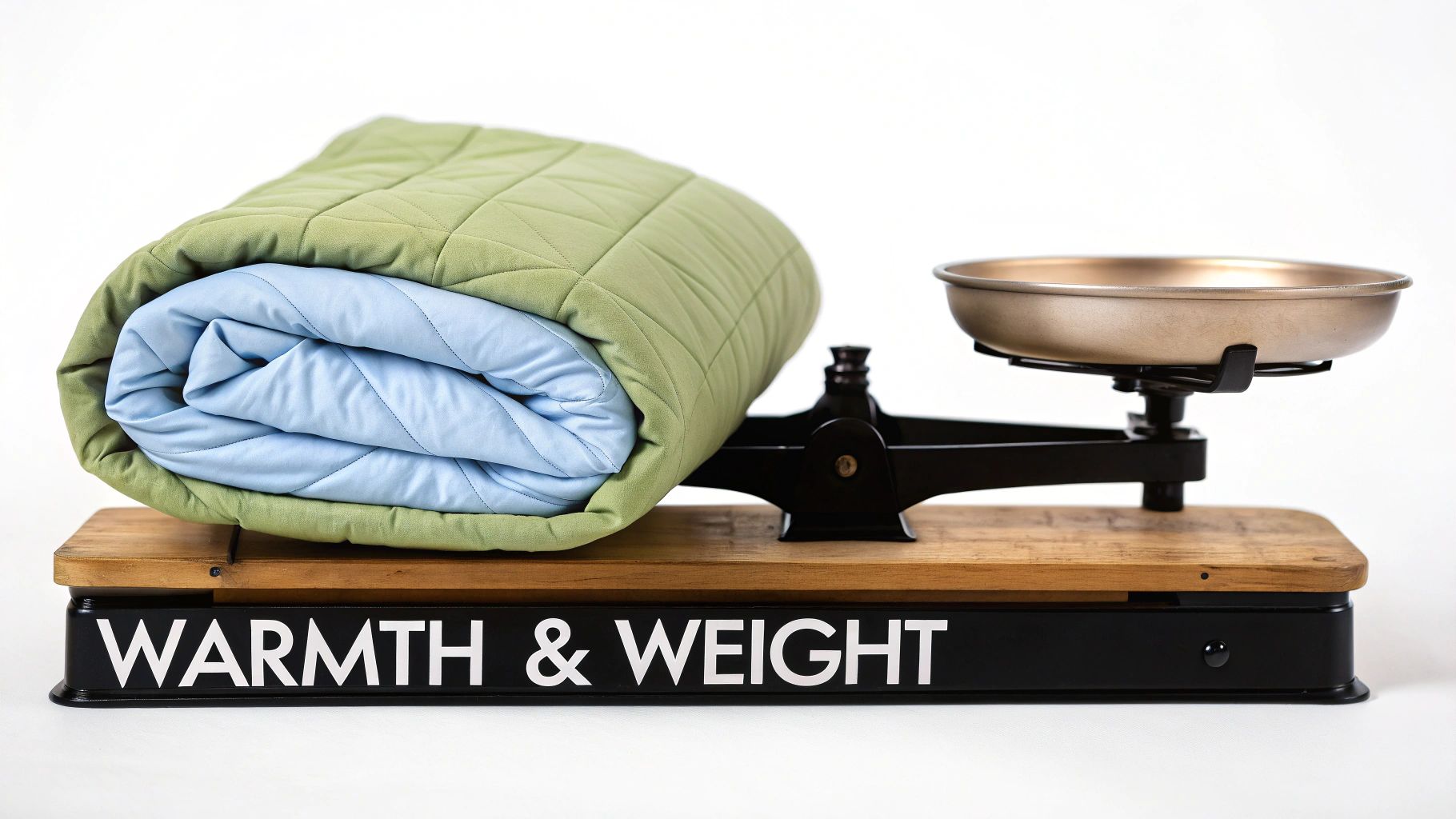 A cozy green and blue quilted blanket rests on one side of a vintage scale, with 'WARMTH & WEIGHT' visible.