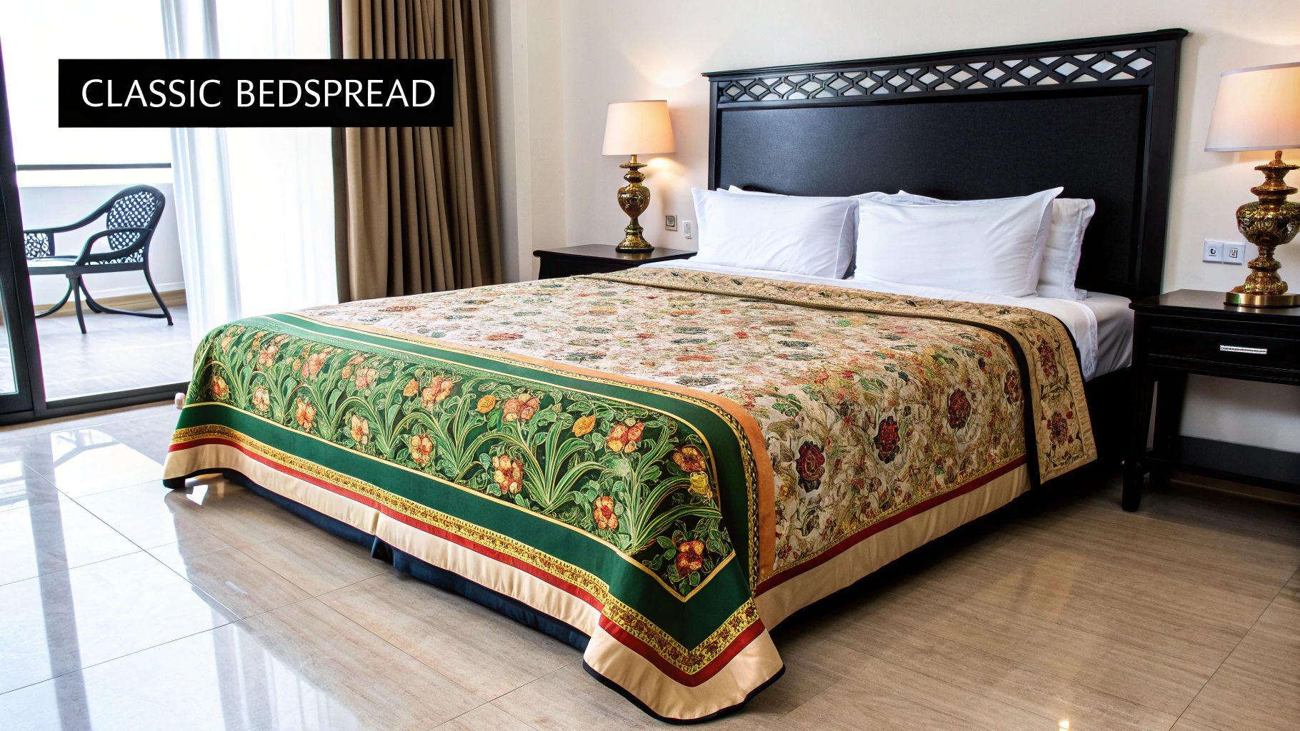 A neatly styled bed with a white textured bedspread folded back to reveal the sheets underneath.