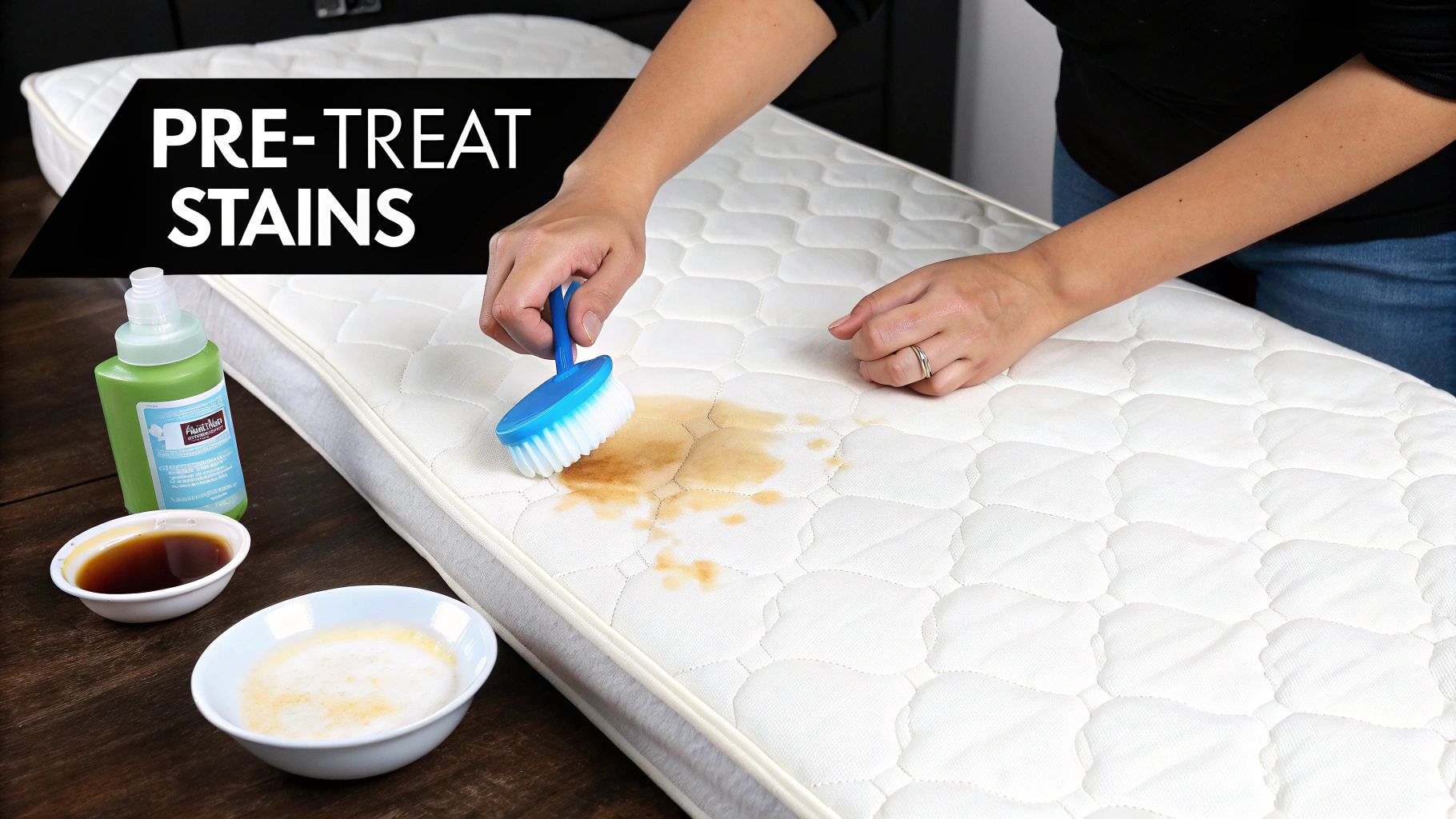 A person pre-treating a brown stain on a white quilted mattress protector with a brush and cleaning solution.