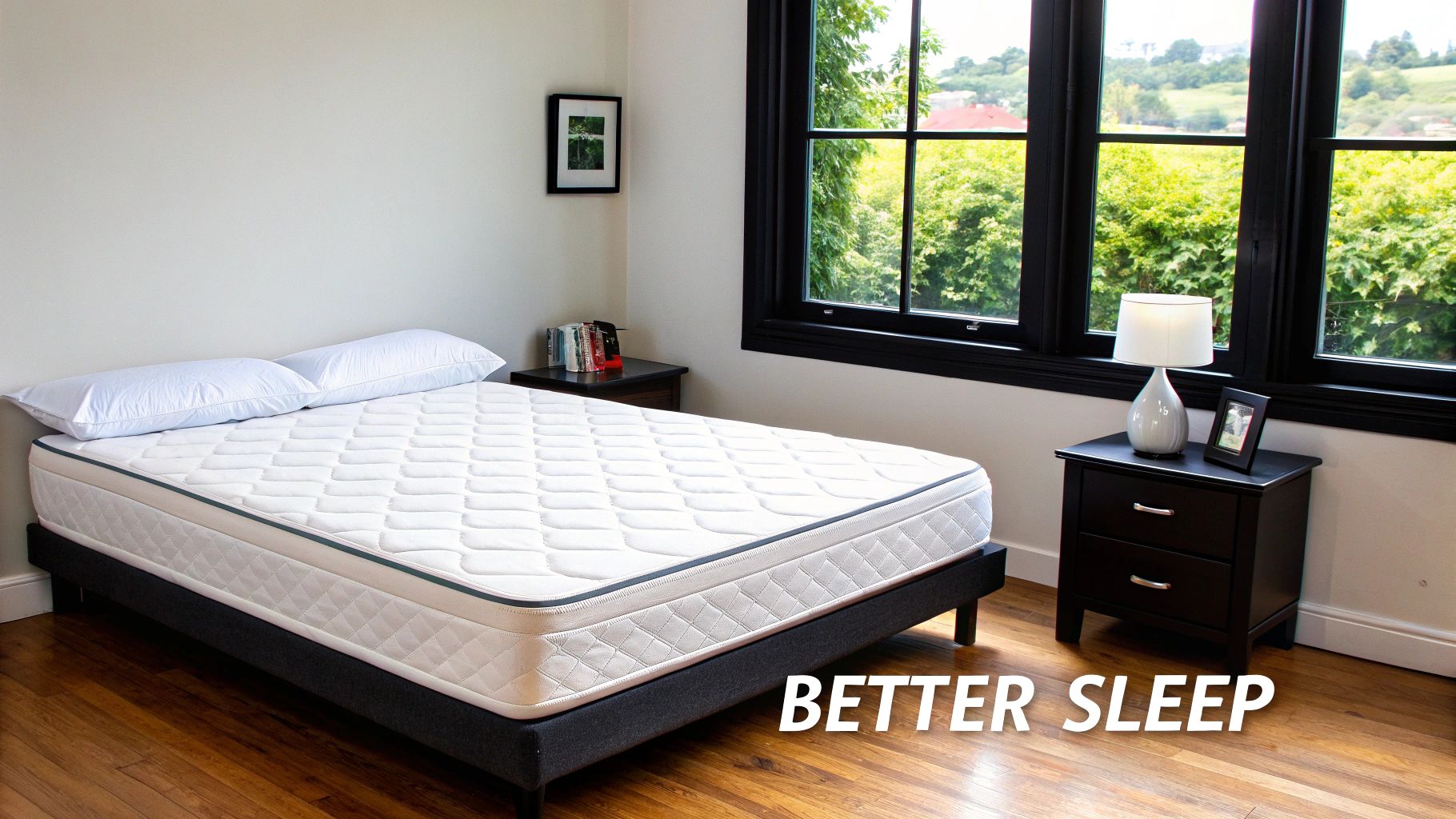 A well-lit bedroom featuring a comfortable white mattress on a dark bed frame with pillows and nightstands.
