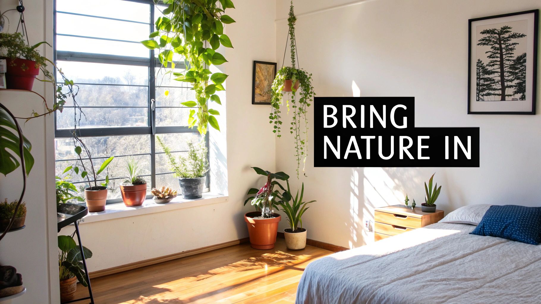 Bright minimalist bedroom featuring abundant hanging plants, potted greenery, and natural sunlight creating peaceful atmosphere