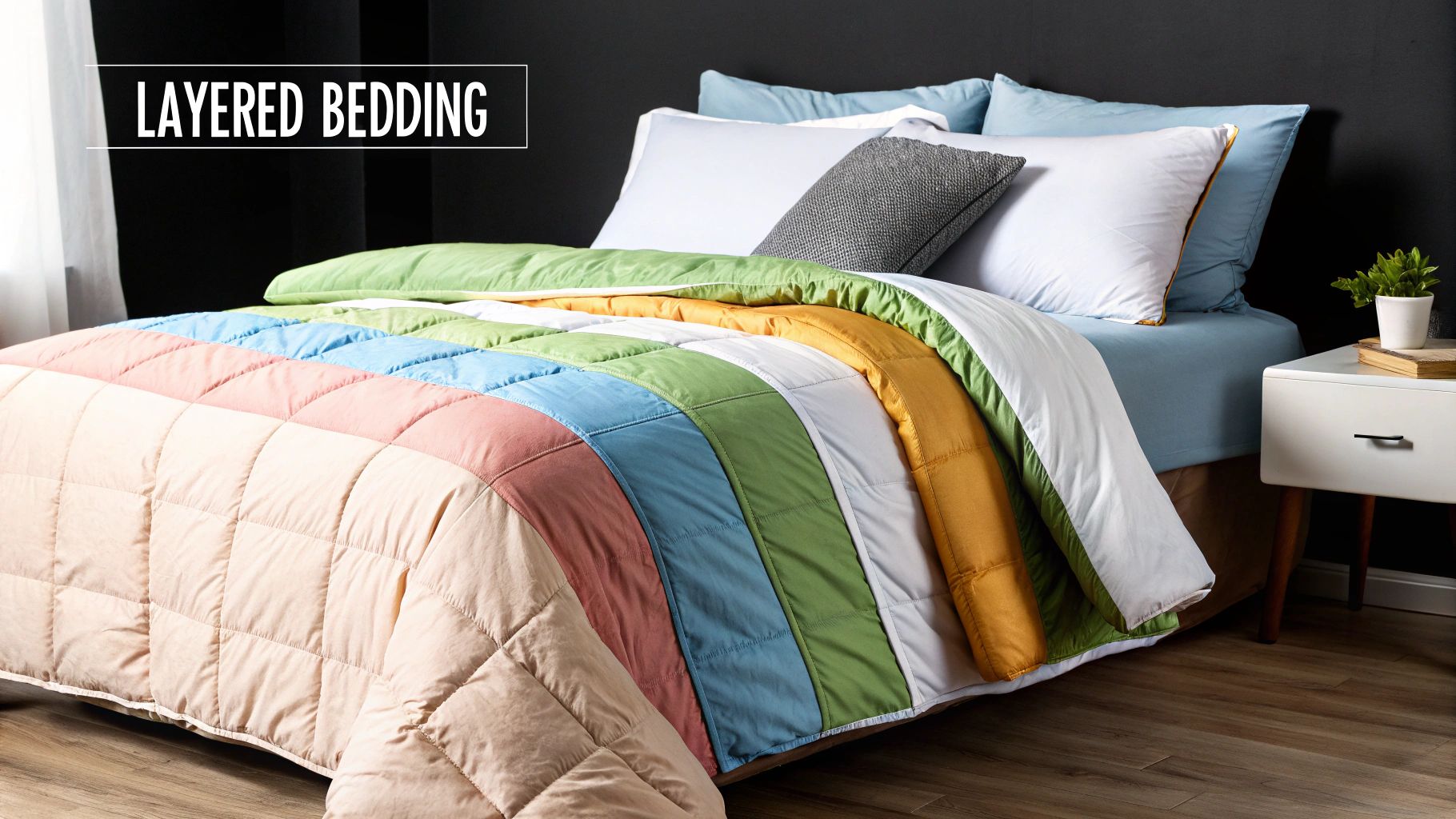 A perfectly layered bed with a white quilt, a grey bedspread folded back at the foot, and decorative pillows.