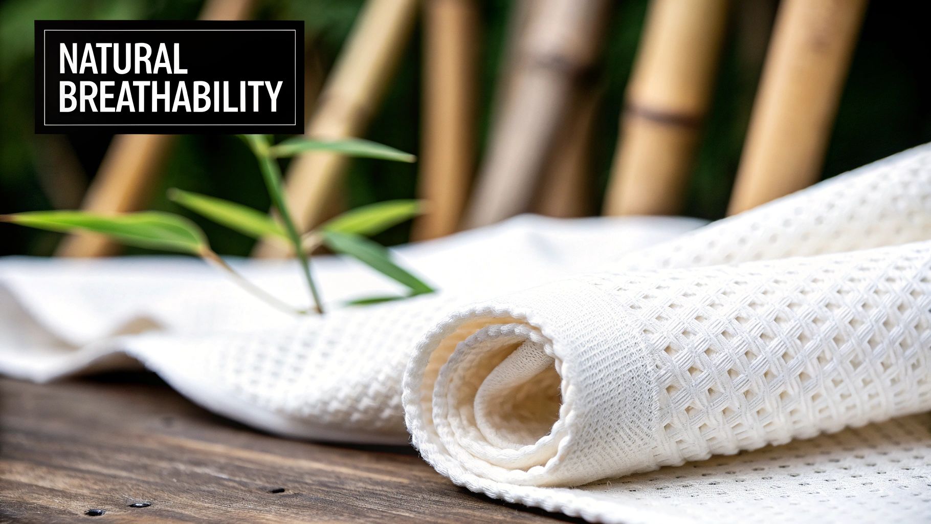 White waffle-weave fabric, possibly a bamboo mattress pad, rolled on wood with bamboo stalks and text 'Natural Breathability'.