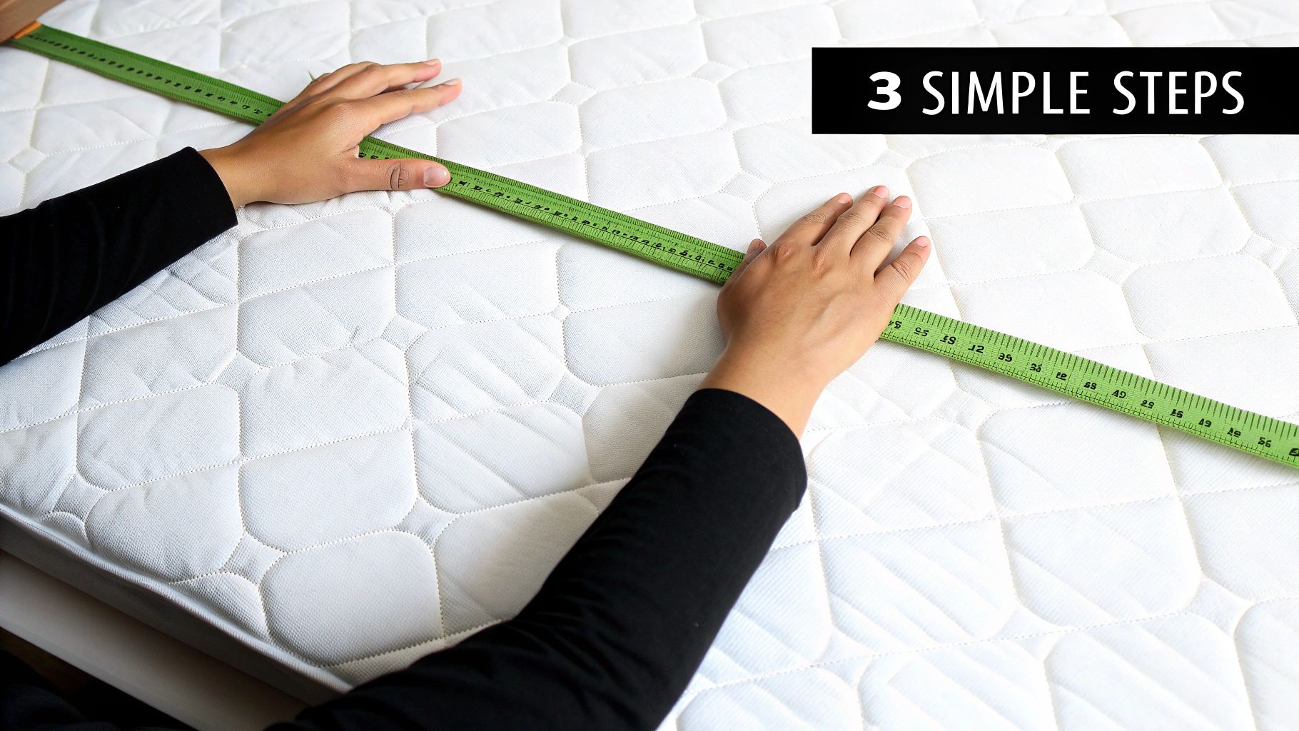 Close-up of hands measuring the dimensions of a white mattress for bed sheets.