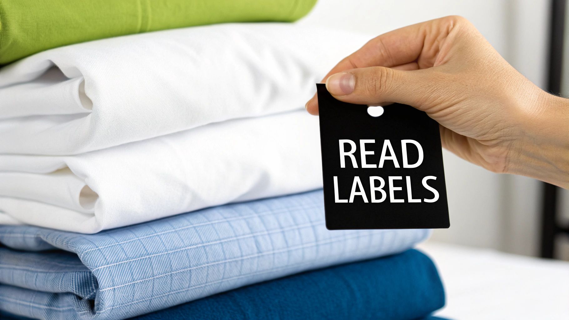 A hand holds a black 'READ LABELS' tag over a stack of neatly folded laundry.